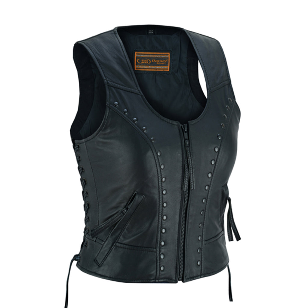 Ladies black leather vest hot sale