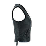 LV241 LADIES BLACK LEATHER MOTORCYCLE FASHION VEST SIDE VIEW WITH RIVET DETAILING ON PRINCESS CUT FRONT PANEL & SIDE LACES