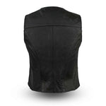 LV500 LADIES BLACK LEATHER MOTORCYCLE WESTERN VEST BACK VIEW WITH SIDE STRETCH PANELS