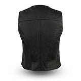LV500 LADIES BLACK LEATHER MOTORCYCLE WESTERN VEST BACK VIEW WITH SIDE STRETCH PANELS