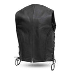 LV508 LADIES BLACK LEATHER MOTORCYCLE WESTERN VEST BACK VIEW WITH BRAIDED DETAILING & SIDE LACES