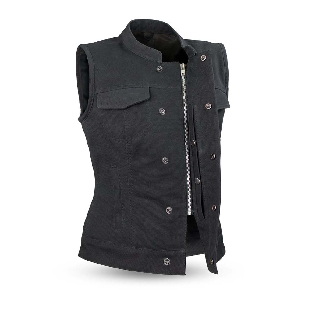 LADIES CANVAS MOTORCYCLE CLUB VEST WITH MANDARIN COLLAR LV516CV