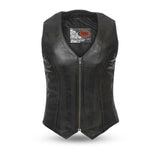 LV544 LADIES BLACK LEATHER MOTORCYCLE WESTERN VEST WITH V-NECK, FRONT STRAIGHT ZIPPER & PATCH POCKETS