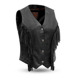 LV572 LADIES BLACK LEATHER MOTORCYCLE WESTERN VEST WITH V-NECK, FRONT CLASSIC SNAPS & FRINGES