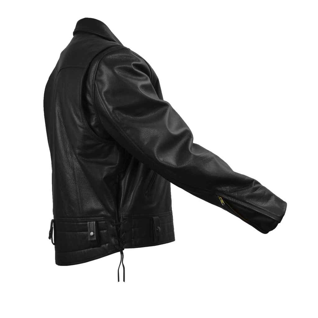 Mens Black Leather Motorcycle Jacket w Utility Pockets, Side Belt