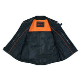 V007 MENS BLACK LEATHER MOTORCYCLE SWAT VEST VIEW OF INSIDE LINING WITH TWO INSIDE POCKETS WITH DOUBLE SNAPS CLOSURE & A CELL PHONE POCKET