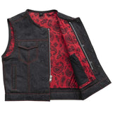V6019DM MENS BLACK DENIM MOTORCYCLE CLUB VEST FRONT HALF OPEN PARTIAL VIEW OF INSIDE MESH LINING WITH BACK ARMOR POCKET, CELL PHONE POCKET & DOUBLE-SNAPS ON EASY-ACCESS INSIDE LEFT-SIDE CONCEAL-CARRY POCKET