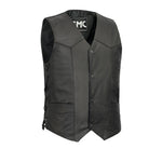 V602 MENS BLACK LEATHER MOTORCYCLE WESTERN VEST WITH V-NECK, FRONT CLASSIC SNAPS & SIDE LACES