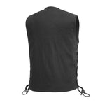 V613TW MENS BLACK TWILL MOTORCYCLE WESTERN VEST BACK VIEW WITH V-NECK & SIDE LACES