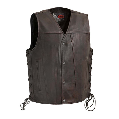 V619CP MENS DISTRESS BROWN LEATHER MOTORCYCLE WESTERN VEST WITH V-NECK, FRONT CLASSIC SNAPS & SIDE LACES
