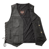 V630 MENS BLACK LEATHER MOTORCYCLE WESTERN  VEST FRONT HALF OPEN PARTIAL VIEW OF INSIDE MESH LINING WITH BACK ARMOR POCKET, CELL PHONE POCKET & BULLET SNAPS ON EASY-ACCESS INSIDE LEFT-SIDE CONCEAL-CARRY POCKET