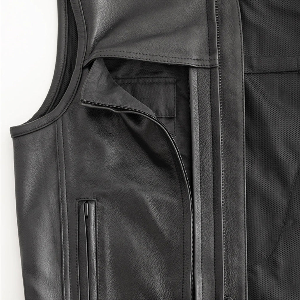 V649 MENS LEATHER MOTORCYCLE CLUB VEST WITH FRONT ZIPPER