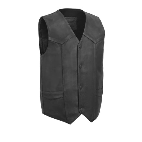 V658 MENS BLACK LEATHER MOTORCYCLE WESTERN VEST WITH V-NECK, FRONT SNAPS & TWO FRONT PATCH POCKETS