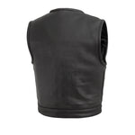 V659 MENS BLACK LEATHER MOTORCYCLE CLUB SHORT BODY VEST BACK VIEW WITH PIPING COLLAR