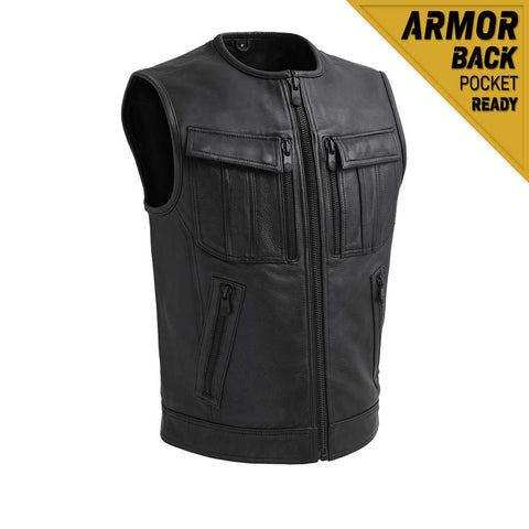 V676 MENS BLACK LEATHER MOTORCYCLE CLUB VEST WITH PIPING COLLAR & FRONT MULTI-STORAGE CHEST POCKETS