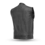 V689 MENS BLACK LEATHER MOTORCYCLE CLUB VEST BACK VIEW WITH MANDARIN COLLAR