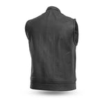 V690 MENS BLACK LEATHER MOTORCYCLE CLUB VEST BACK VIEW WITH MANDARIN COLLAR