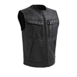 V676 MENS LEATHER CLUB VEST W/ PIPING COLLAR & FRONT ZIPPER