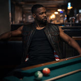 V684 MENS LEATHER CLUB VEST W/ RED STITCHING