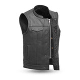 V690 MENS BLACK LEATHER MOTORCYCLE CLUB VEST FRONT ZIPPER & SNAPS CLOSURE