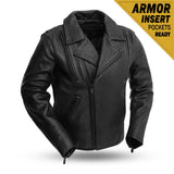 C269 MENS BLACK LEATHER CLASSIC MOTORCYCLE JACKET WITH ARMOR POCKET INFO TAG