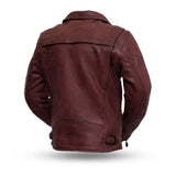 C269 MENS OXBLOOD LEATHER CLASSIC MOTORCYCLE JACKET BACK VIEW WITH UPPER BACK VENT, ACTION BACK & ADJUSTABLE SIDE BELTS FOR SIZE FITMENT