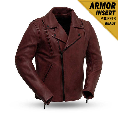 C269 MENS OXBLOOD LEATHER CLASSIC MOTORCYCLE JACKET WITH ARMOR POCKET INFO TAG
