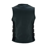 LV200 LADIES BLACK LEATHER MOTORCYCLE SWAT VEST BACK VEIW WITH PIPING COLLAR & TRIPLE SIDE STRAPS
