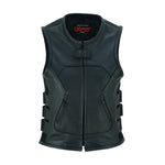 LV200 LADIES BLACK LEATHER MOTORCYCLE SWAT VEST FRONT VIEW WITH PIPING COLLAR & TRIPLE SIDE STRAPS