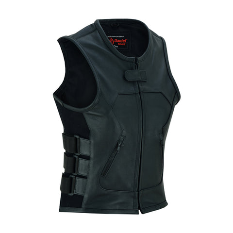 LV200 LADIES BLACK LEATHER MOTORCYCLE SWAT VEST FRONT SIDE VIEW WITH PIPING COLLAR & TRIPLE SIDE STRAPS