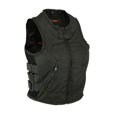 LV212TX LADIES BLACK TEXTILE MOTORCYCLE SWAT VEST FRONT VIEW WITH PIPING COLLAR & TRIPLE SIDE STRAPS