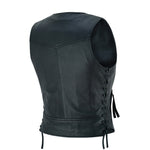 LV241 LADIES BLACK LEATHER MOTORCYCLE FASHION VEST BACK SIDE VIEW & SIDE LACES
