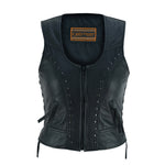 LV241 LADIES BLACK LEATHER MOTORCYCLE FASHION VEST FRONT VIEW WITH RIVET DETAILING & SIDE LACES
