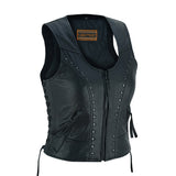 LV241 LADIES BLACK LEATHER MOTORCYCLE FASHION VEST FRONT SIDE VIEW WITH RIVET DETAILING & SIDE LACES