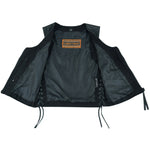 LV241 LADIES BLACK LEATHER MOTORCYCLE FASHION VEST FRONT VIEW OF INSIDE LINING WITH AN INSIDE ZIPPERED SIDE POCKET