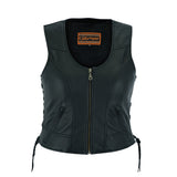 LV242 LADIES BLACK LEATHER MOTORCYCLE FASHION VEST FRONT VIEW WITH PRINCESS CUT FRONT PANEL STYLE & SIDE LACES