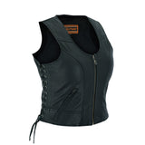 LV242 LADIES BLACK LEATHER MOTORCYCLE FASHION VEST FRONT SIDE VIEW WITH PRINCESS CUT FRONT PANEL STYLE & SIDE LACES