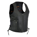LV245 LADIES BLACK LEATHER MOTORCYCLE FASHION VEST FRONT SIDE VIEW WITH PRINCESS CUT FRONT PANEL STYLE & SIDE LACES