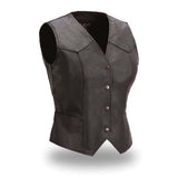LV500 LADIES BLACK LEATHER MOTORCYCLE WESTERN VEST WITH V-NECK, FRONT CLASSIC SNAPS & PATCH POCKETS