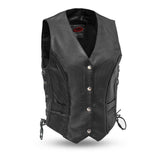 LV508 LADIES BLACK LEATHER MOTORCYCLE WESTERN VEST WITH V-NECK, BRAIDED DETAILING, FRONT CLASSIC SNAPS, PATCH POCKETS & SIDE LACES