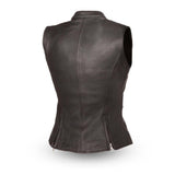 LV512 LADIES BLACK LEATHER MOTORCYCLE CLUB FASHION VEST BACK VIEW WITH MANDARIN COLLAR & TWO LOWER BACKSIDE RELIEF ZIPPERS