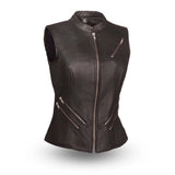 LV512 LADIES BLACK LEATHER MOTORCYCLE CLUB FASHION VEST WITH MANDARIN COLLAR & FRONT MULTI-ZIPPERED POCKETS