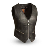 LV515 LADIES BLACK LEATHER MOTORCYCLE WESTERN VEST WITH V-NECK, FRONT STRAIGHT ZIPPER & ZIPPERED SIDE POCKETS