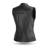 LV516 LADIES BLACK LEATHER MOTORCYCLE CLUB VEST BACK VIEW WITH MANDARIN COLLAR & TWO-PIECE BACK PANEL