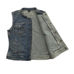 LV518DM LADIES BLUE DENIM MOTORCYCLE WESTERN  VEST FRONT HALF OPEN PARTIAL VIEW OF UNLINED INTERIOR & INSIDE RIGHT-SIDE CONCEAL-CARRY POCKET