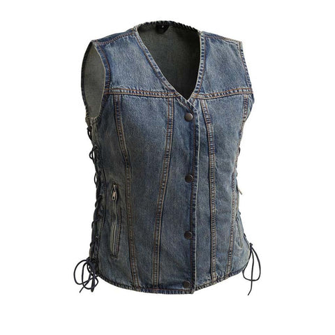 LV519DM LADIES BLUE DENIM MOTORCYCLE WESTERN VEST WITH V-NECK, FRONT CLASSIC SNAPS, ZIPPERED POCKETS & SIDE LACES