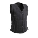 LV519TW LADIES BLACK TWILL MOTORCYCLE WESTERN VEST WITH V-NECK, FRONT CLASSIC SNAPS, ZIPPERED POCKETS & SIDE LACES