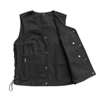 LV519TW LADIES BLACK TWILL MOTORCYCLE WESTERN  VEST FRONT HALF OPEN PARTIAL VIEW OF UNLINED INTERIOR & INSIDE RIGHT-SIDE CONCEAL-CARRY POCKET