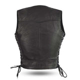 LV542 LADIES BLACK LEATHER MOTORCYCLE WESTERN VEST WITH V-NECK, SIDE LACES & WESTERN STYLE BACK PANELS