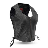 LV542 LADIES BLACK LEATHER MOTORCYCLE WESTERN VEST WITH V-NECK, FRONT STRAIGHT ZIPPER & SIDE LACES